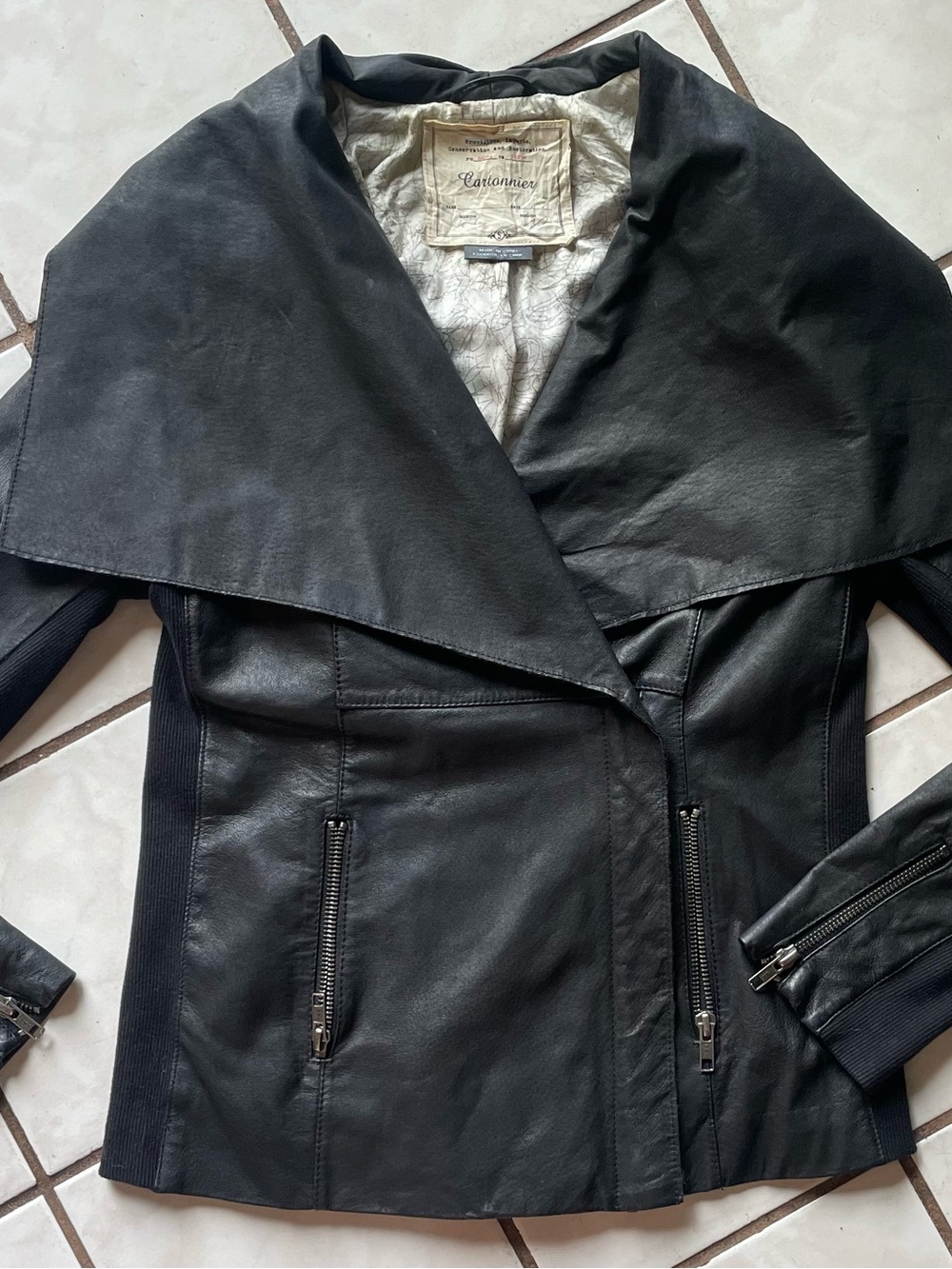 Cartonnier Anthropologie Black 100% Leather Draped Collar Jacket, EUC- sz small